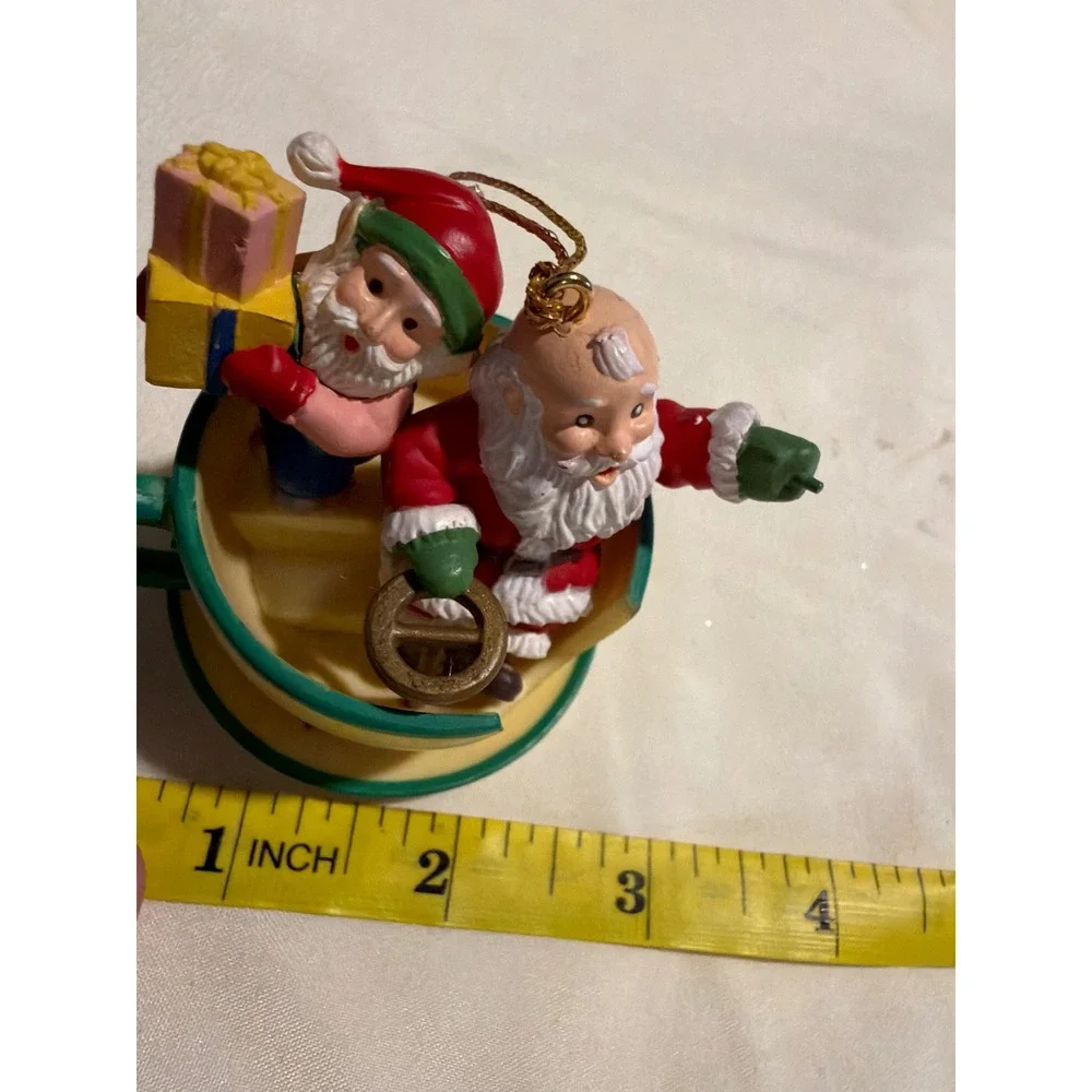 Santa and Elf in Teacup Christmas Ornament Yellow Fleur-de-Lis Holiday Decor
